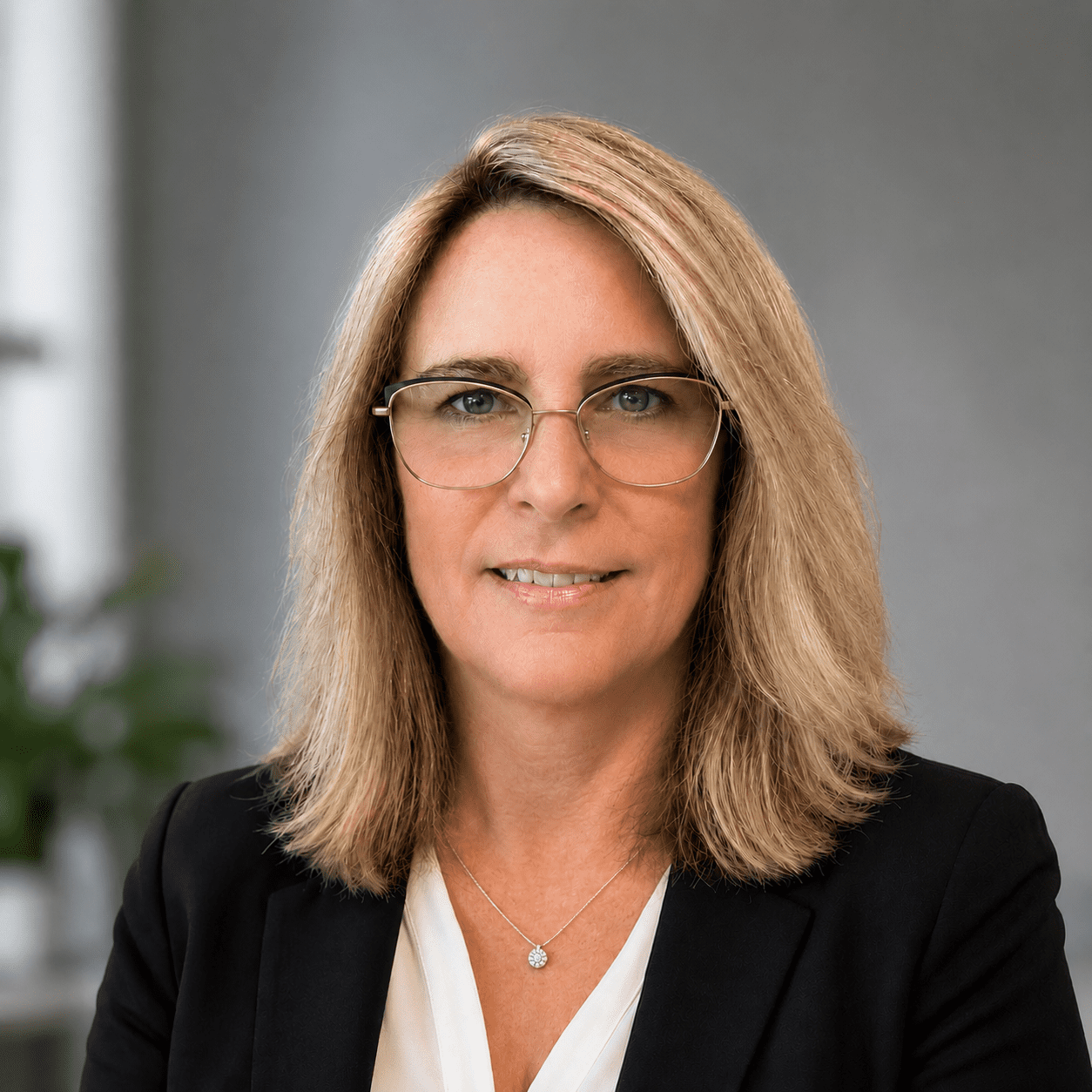 A woman with blonde hair and glasses, wearing a black blazer and light-colored top, sits in an office setting, facing the camera with a neutral expression.