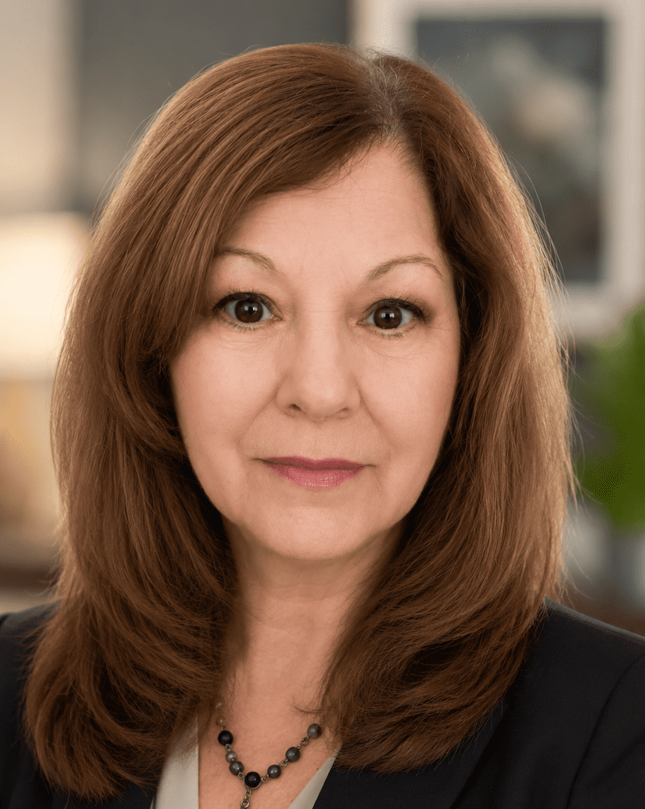 A woman with medium-length brown hair wearing a black blazer, light blouse, and beaded necklace, posing indoors with a blurred background.